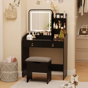Vanity Desk w/ LED Light Mirror and Charging Station, Small Makeup Vanities Set with 2 Drawers & Open Shelf Storage Stool for Girls, Women
