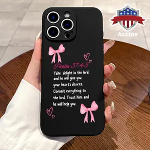 Pink bow text Pattern Straight Edge Phone Case for iPhone 16 15 14 Pro Max 13 12 11 XR E XS Plus Shockproof Non Slip Military-Grade Protection Silicone Cover
