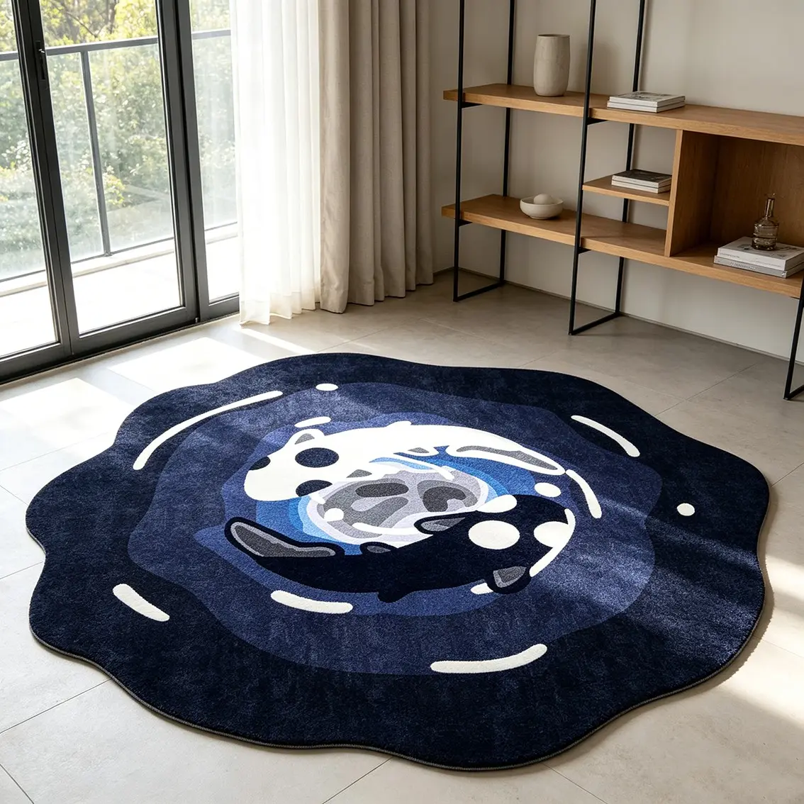 Gradient Blue Koi Vortex Carpet, Soft Anti-Slip Flocked Material, Living Room Coffee Table / Bedroom Bedside Decor Floor Mat, Niche Healing Style