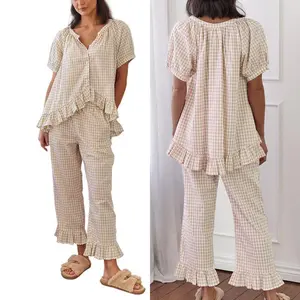 Women’s two-piece pajama set: short-sleeve plaid-print button-up shirt and ruffle pants, sleepwear/loungewear