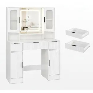 Makeup Vanity Table with Mirror & Adjustable Lights - 2 Glass Display Cabinets, 2 Spacious Cabinets & 3 Wavy Drawers - Modern White Bedroom Dressing Table