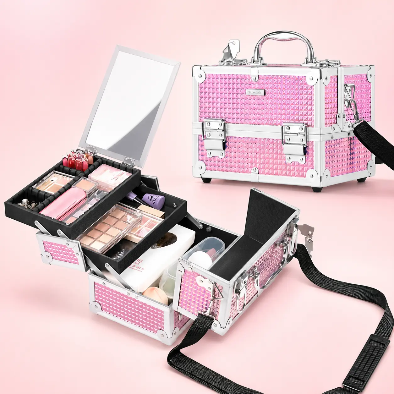 【Multi-Functional Organizer】Costoffs Makeup Train Case with Mirror – Portable Travel Makeup Bag, Cosmetic Organizer with 2 Trays and Adjustable Dividers, Makeup Bags