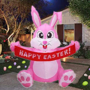 5FT Easter Inflatable Rabbit with LED Lights & Flag Durable Polyester Outdoor Indoor Yard Party Decoration