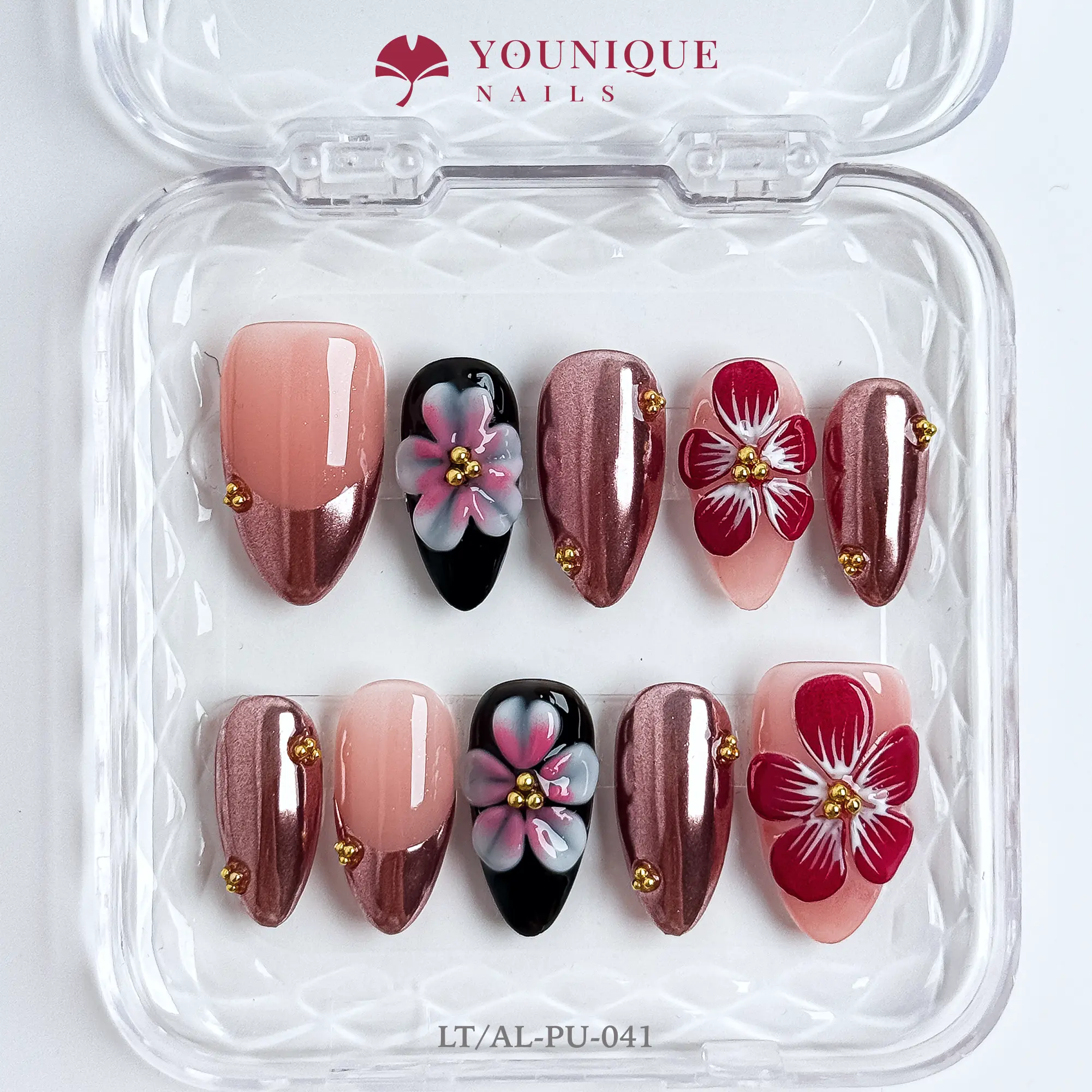Younique Gel-Acrylic Press-On Nails, 10PCS 100% Handmade Reusable Set with Cute Artistic Look, Custom Sizes, and Firm Application