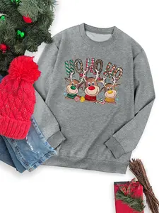 Women's Christmas Reindeer Print Crew Neck Sweatshirt, Casual Long Sleeve Pullover for Daily Wear, Ladies Fall & Winter Clothes