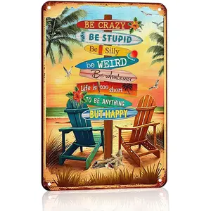 【20*30cm/8*12inch】2D Flat - 1pc a Colorful Beach Signboard Featuring Palm Trees And Chairs at Sunset, Made of Rustic Iron. Perfect for Decorating Bars, Kitchens, Dining Rooms, Cafes, Garages, And Adding a Retro Touch to Your Walls