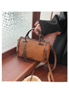 Women's Brown Vintage Boston Bag - Soft PU Leather Barrel Handbag with Tassel Detail, Retro Satchel Purse for Daily Use, Elegant Commuter Bag