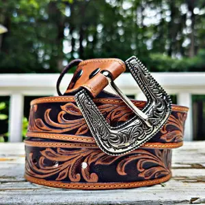 Western Full Grain Genuine Leather Belt - Tooled Embossed Design, Adjustable Buckle, 1.5" Wide, Unisex, Suitable for Men & Women cowboy belt