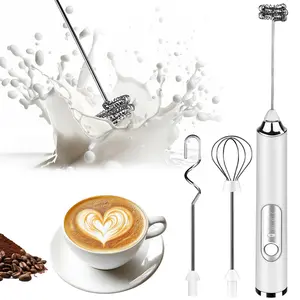 Handheld Milk Frother Wand for Coffee Rechargeable Electric Whisk with 3 Stainless Steel Heads 3 Speeds Ideal for Latte Cappuccino Hot Chocolate and Eggs White