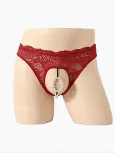 Men's Elastic Fitted Underwear Pearl Cut-Out Floral Lace Triangle Erotic Lingerie, Comfortable and Stylish, Perfect for Everyday Wear