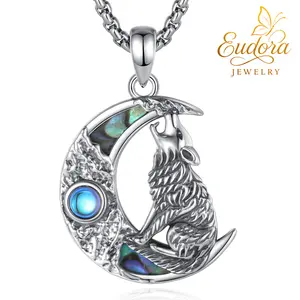Eudora Norse Viking Wolf Necklace with Moonstone, S925 Silver Norse Mythology Pendant for Men & Women, Spiritual Protection Jewelry Totem Gift