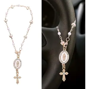 Steering Wheel Rosary Charm, Steering Wheel Accessory with Virgin Mary Charm & Cross, Pearl Heart Chain Catholic Car Interior Hanging Decor (White)