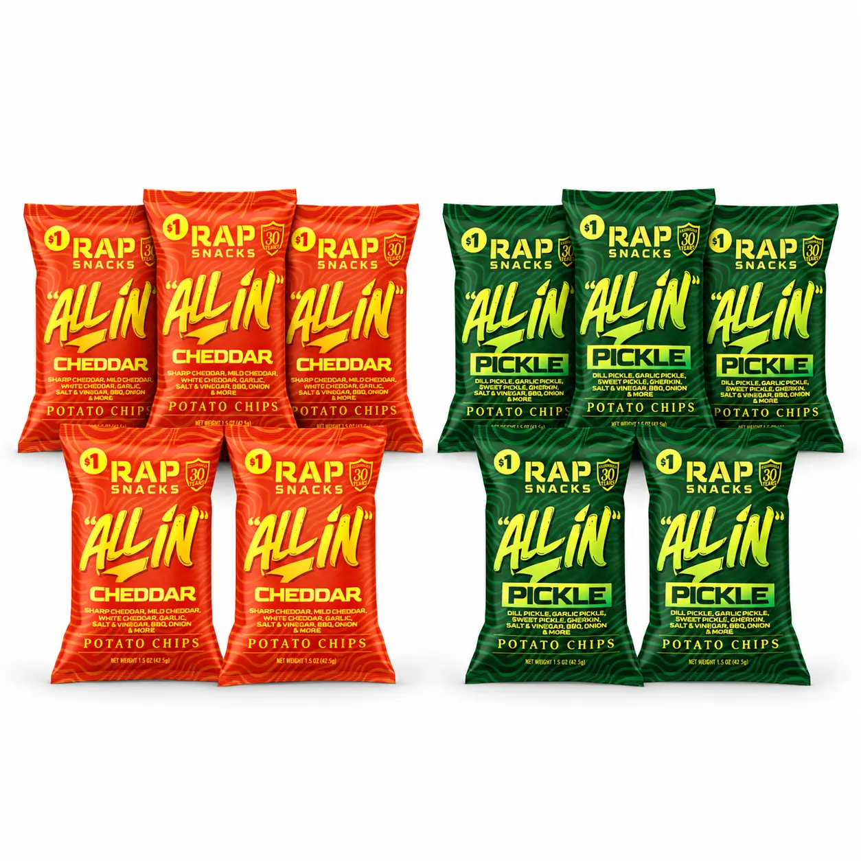 Rap Snacks All In Potato Chips Variety Pack, 10 Count | 5 Cheddar + 5 Pickle