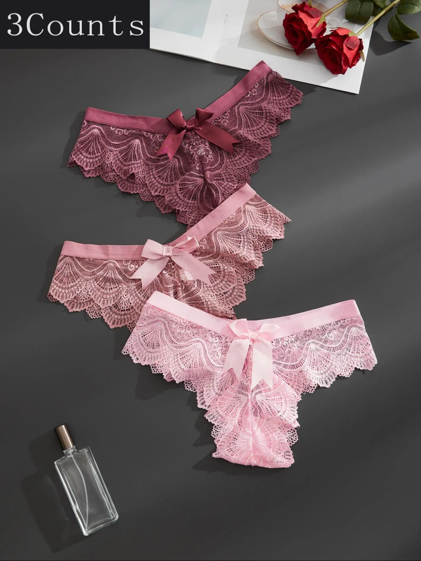 Women's Bow Decor V-waist Lace Panties Set, Regular Fit Elegant Soft Comfy Breathable Sheer Scallop Trim Knicker for Daily Wear, Fashion Breathable Underwear, Ladies Underwear for All Seasons, Elegant Soft Panty