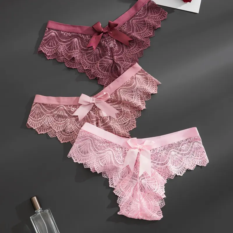 Women's Bow Decor V-waist Lace Panties Set, Regular Fit Elegant Soft Comfy Breathable Sheer Scallop Trim Knicker for Daily Wear, Fashion Breathable Underwear, Ladies Underwear for All Seasons, Elegant Soft Panty