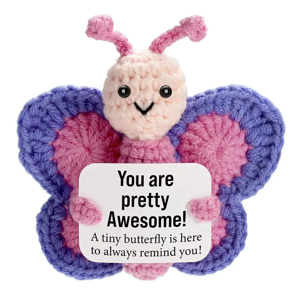 Positive Crochet Butterfly Gift for Women, Soft Cuddly Gift, Mini Handmade Plush Soft Huggable Stuffed Figure for Friends, Coworkers, Teachers on Birthday Christmas Valentines, Mother's Day, Easter, Christmas Stocking Stuffing Gifts
