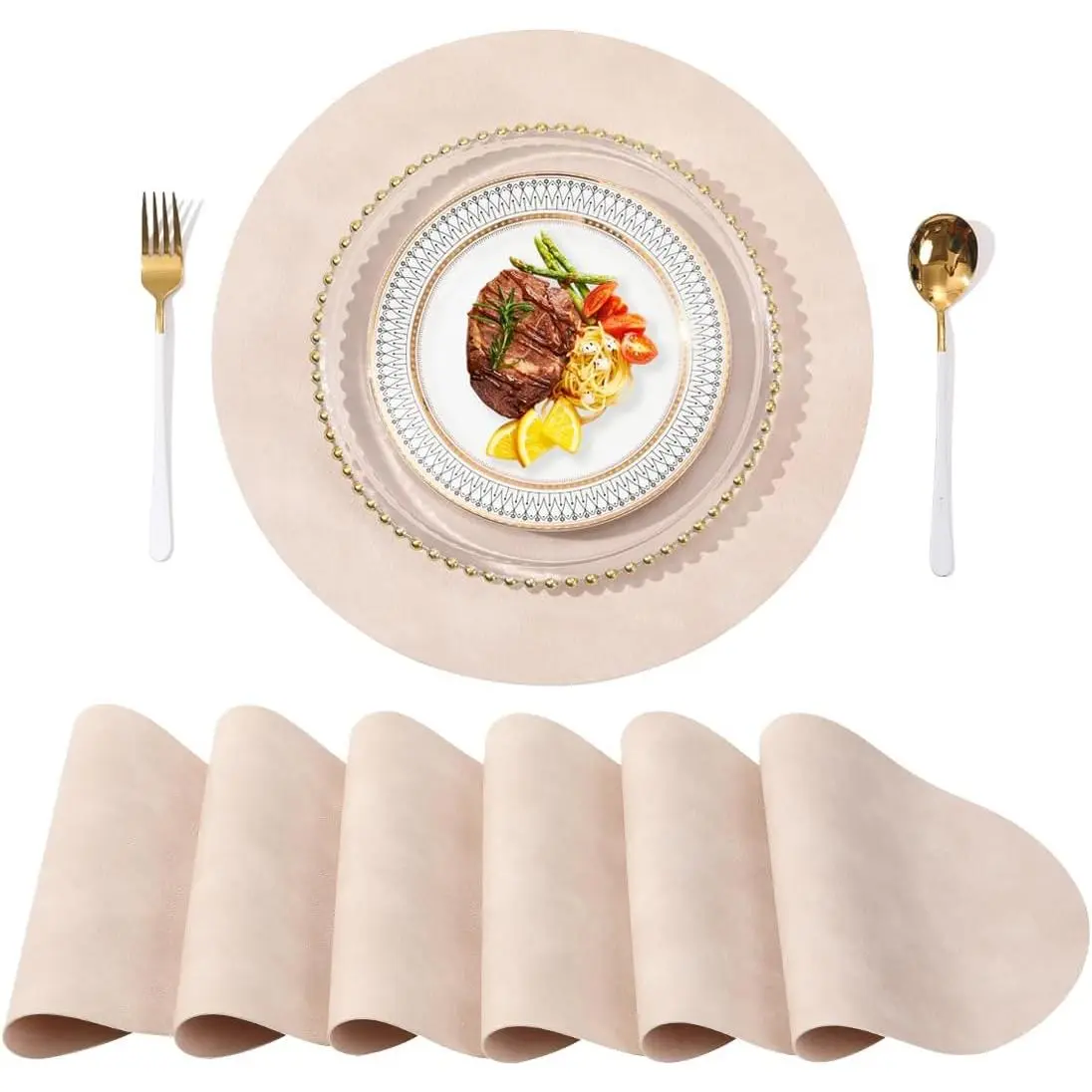PU Leather Placemats Set of 6,15" Round Washed Cowhide  Table Mats for Dining Table, Kitchen, Party Decoration(Retro Beige)