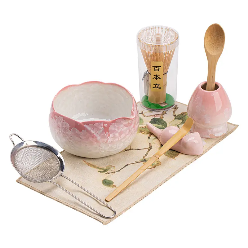 8-Piece Tea Set with Pink Bowl, Bamboo Utensils, and Sieve for Traditional Tea Ceremony,Pink Japanese Matcha Tea Set – 8-Piece Ceremonial Kit with Matcha Bowl, Bamboo Whisk, Whisk Holder, Scoop, Sifter, Tea Tray, Tea Mat, and Cat-Shaped Rest
