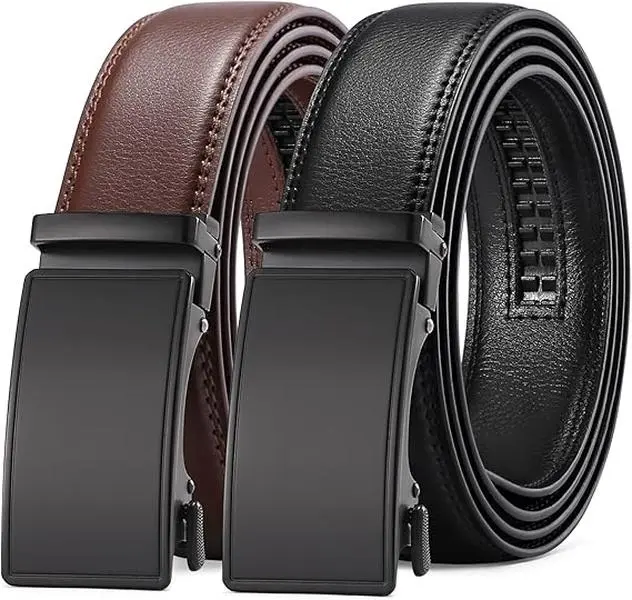 Men's 2 Pack Ratchet Belt Set in Gift Box - Adjustable Leather Belts for Dre   ss & Casual Wear - Perfect Fit for Various Waist Sizes