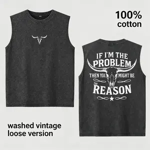 Vintage Washed Western Graphic Tank Top for Men, 100% Cotton Oversized Sleeveless Tee, Cowboy Longhorn Print Shirt, Casual Country Style Loose Fit Summer Vest