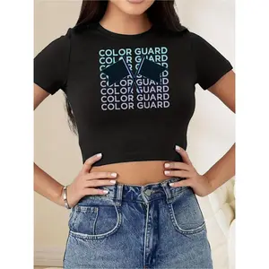 Wo Neon Color Guard Crop Top T-Shirt - Slim Fit Short Sleeve Marching And Dance Team Shirt with Crossed Flags And CGBD Lettering, All-Season Casual Tee for Color Guard Performances, Cheerleading Apparel