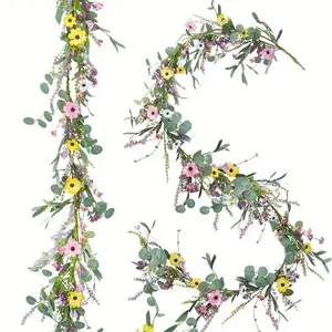 6.5ft Summer Vine Flower Ring, Realistic Wildflower Wisteria Lavender Daisy Spring Garland, Year-Round Home Decor, Indoor Outdoor Wedding Arch