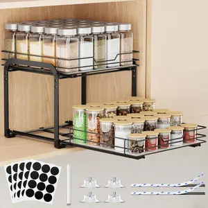Pull Out  Rack Organizer for Cabinet, 2 Tier Metal Seasoning Organizer Slide Out  Storage Shelf, Heavy Duty Vertical  Rack Pullout for Kitchen, with Labels, 11.5W" X 10.5"D X 9"H
