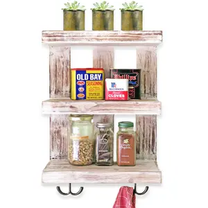 Autumn Alley Wooden Wall-Mounted Shelf with Hooks Farmhouse Wall Decor with 3 Shelves Door