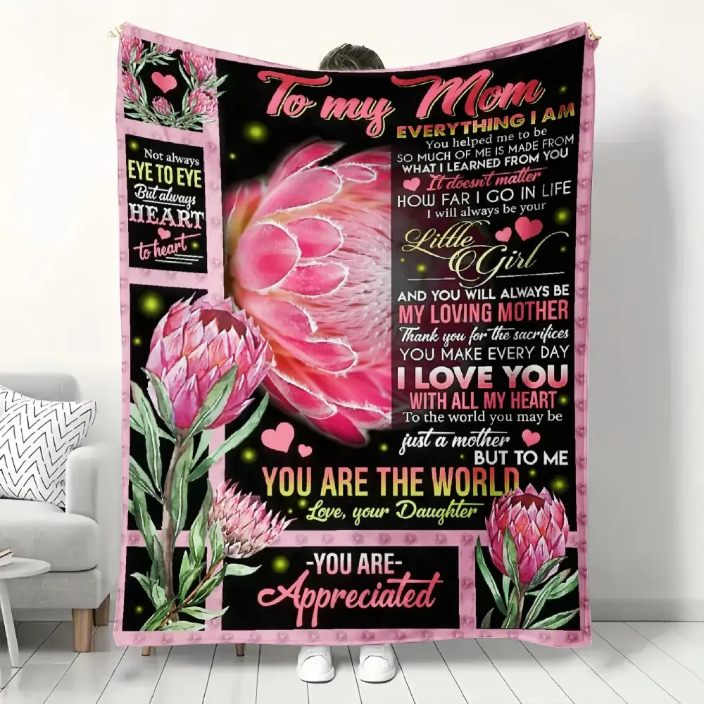 King Protea Mother’s Blanket—a gift from sons and daughters to their mothers. Personalized Mother's Day gift.A blanket symbolizing resilience and love, filled with heartfelt sentiment—a timeless keepsake for Mom