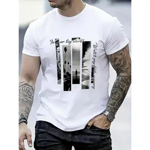 Men's Stylish White Graphic T-Shirt Featuring Short Sleeve Crew Neck Comfortable Fit for All Seasons Casual Streetwear with Palm Tree and In Your Big World Design Versatile Everyday T Shirt Bold Graphic Tee with Smooth Texture Fabric