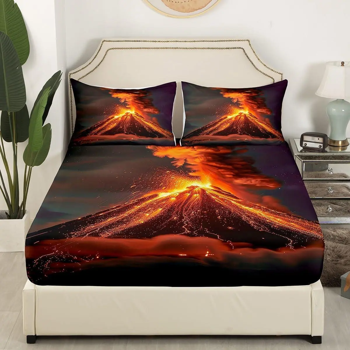 3D Volcano Bedding Set Volcano Eruption Bed Set Bedroom Decor Lava Fitted Sheet Soft Microfiber Red Flame Bed Cover(1 Fitted Sheet+ ) No Flat Sheet