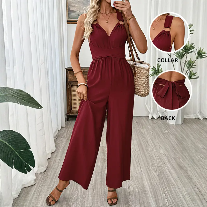 Elegant Backless Wide Leg Jumpsuit for Women – High Waisted Tie Back Flowy Pants Outfit |   Summer Vacation Date Night Look # jumpsuit # vacationoutfit # chicstyle # fyp