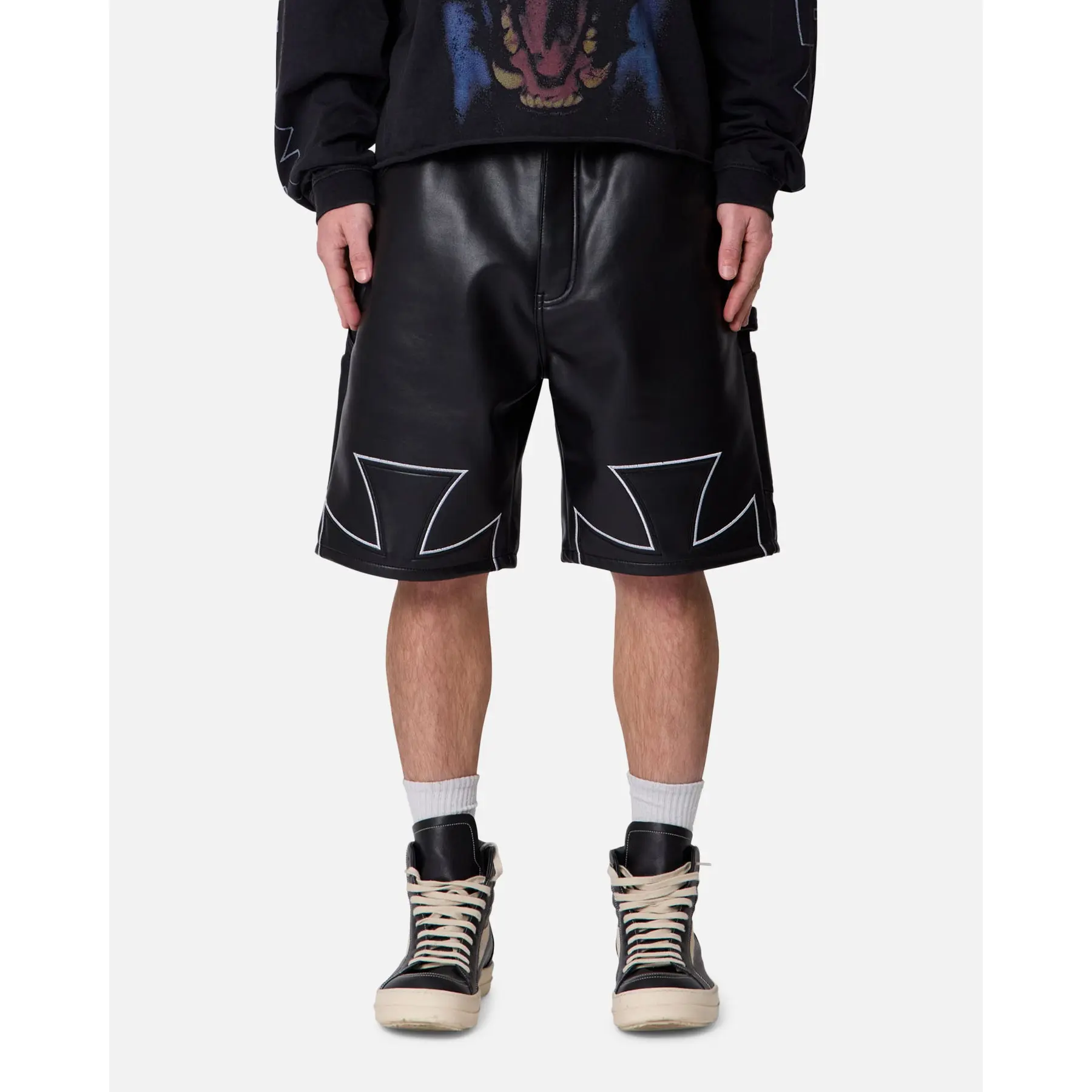 MNML Ultra Baggy Iron Cross Leather Shorts Black