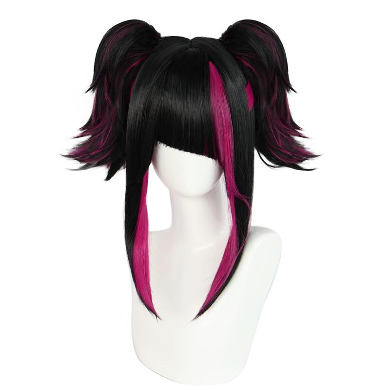Synthetic Black With Red Double Clip On Ponytails Straight Heat Resistant Han Juri Cosplay Game Anime Character Wig