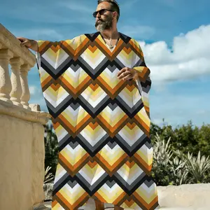 Men's V-Neck Pullover Summer Loose Geometric Print Kaftan Long Robe, Abstract Shape Graphic Lightweight Beach Cover Up, Breathable Short Sleeve Resort Lounge Sleep Shirt for Men