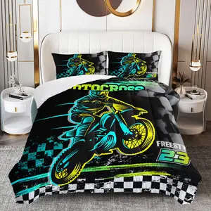 3pcs Motocross Comforter Set, Racing Duvet Set for Girls and Adults Bedroom or Guest Room Decor, Black Soft All Seasons Comforter Machine Washable Microfiber Quilt with 2 Pillowcases , Gifts for the Family
