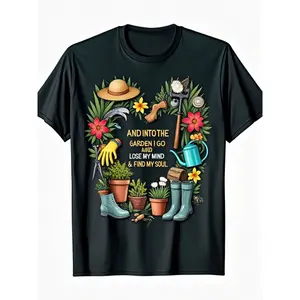 Men'S & Women'S Heavyweight 180gsm T-Shirt |   Gardening Tools & Floral Graphic Tee with "Into the Garden I Go" Quote - Black Crew Neck Shirt for Gardeners, Outdoor Activities - All-Season, Vintage Style, Regular Fit
