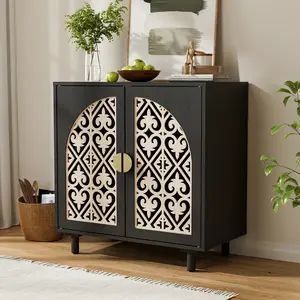 Oakault Boho Sideboard Buffet Cabinet, 2 Doors Arched Cabinet with Doors and Shelves, Console TV Stand with Hollow Carving Design for Living Room, Kitchen, Entryway, Black
