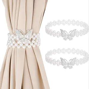 2Pcs Curtain Tiebacks Butterfly Curtain Clips Adjustable Decorative Curtain Straps Curtain Holdbacks with Classy Small Pearl Elastic Rope for Home Office Living Room Curtain Decoration Interior Decoration Accessories