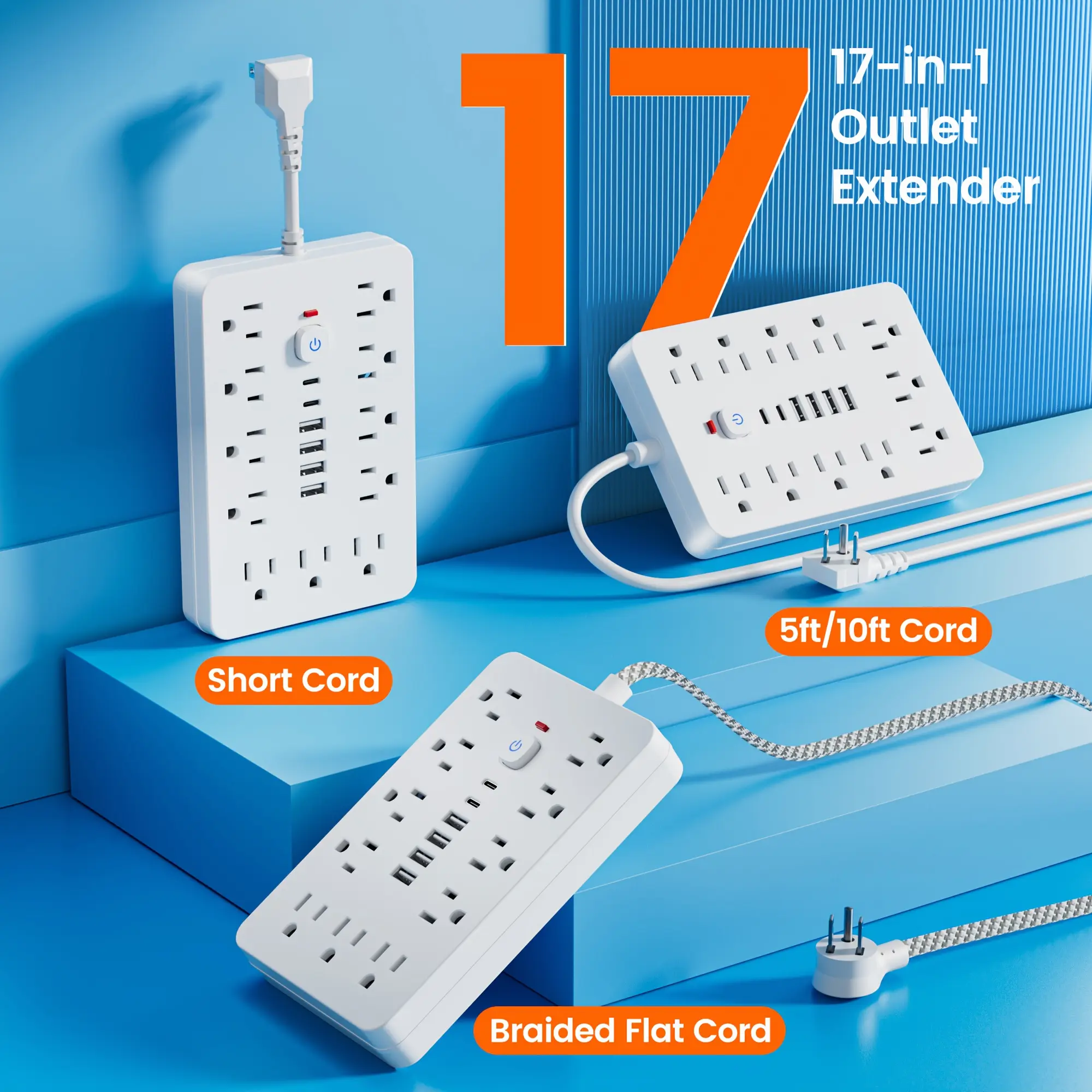 1pc Multi-Functional Surge Protection Power Strip with USB Port - 11 AC Outlets with 4 USB-A Ports And 2 Type-C Ports And Short Cord/5 FT/10 FT Extension Cord - for Office, Study, Home, And School Use - Power Socket with Overload Protection