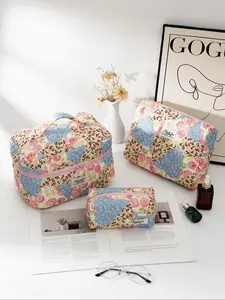 Floral & Plaid Pattern Makeup Bag Set, 1 Set Large Capacity Cosmetic Storage Bag, Portable Zipper Makeup Organizer Pouch, Lightweight Storage Bag for Travel, Travel Essentials Bag