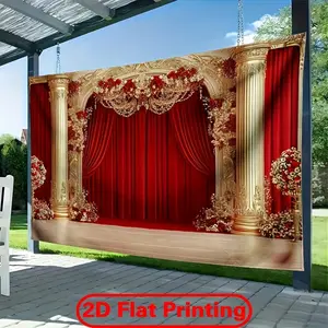1pc 2D Flat Elegant Indian Floral Polyester Backdrop Banner - Red & Golden Theme, Intricate Floral Design, White Flower Accent, Wedding Decor, Indoor-Outdoor Suitable, Ideal for Weddings, Special Events