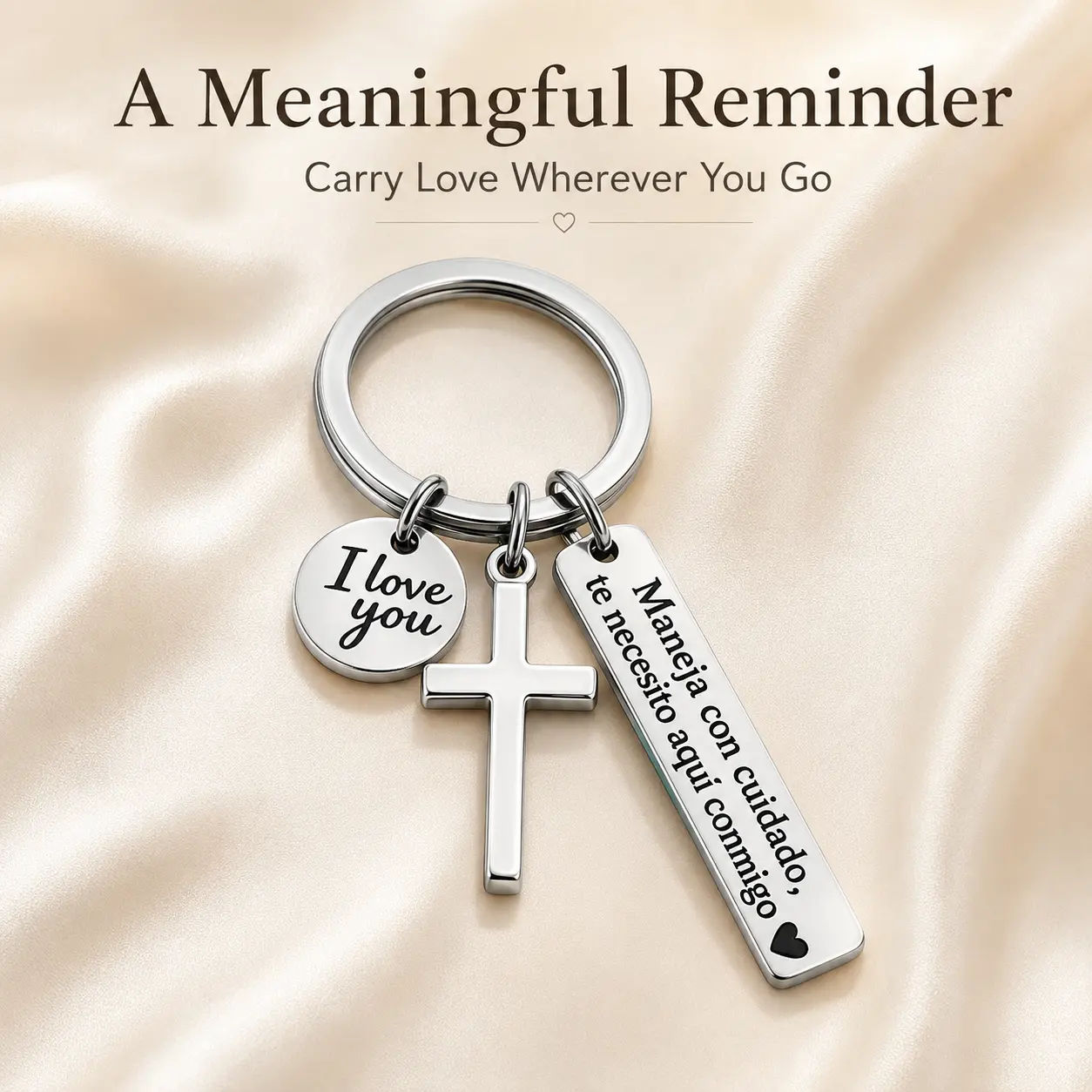 Drive Safe I Love You Keychain with Cross, Spanish Engraved Stainless Steel Key Ring, Meaningful Romantic Gift for Him or Her, Boyfriend, Girlfriend, Husband or Wife, Anniversary Birthday Gift, 1pc