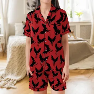Mothman Short Sleeves Pajama Set, Mothman Woman's Red Pajama Short Sleeve Shorts