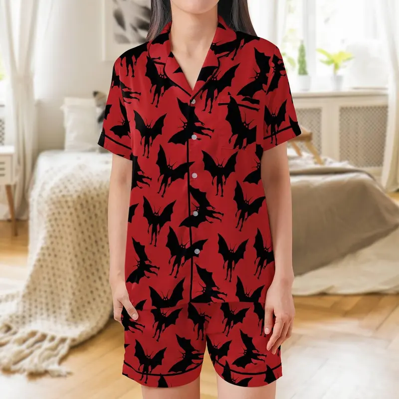 Mothman Short Sleeves Pajama Set, Mothman Woman's Red Pajama Short Sleeve Shorts