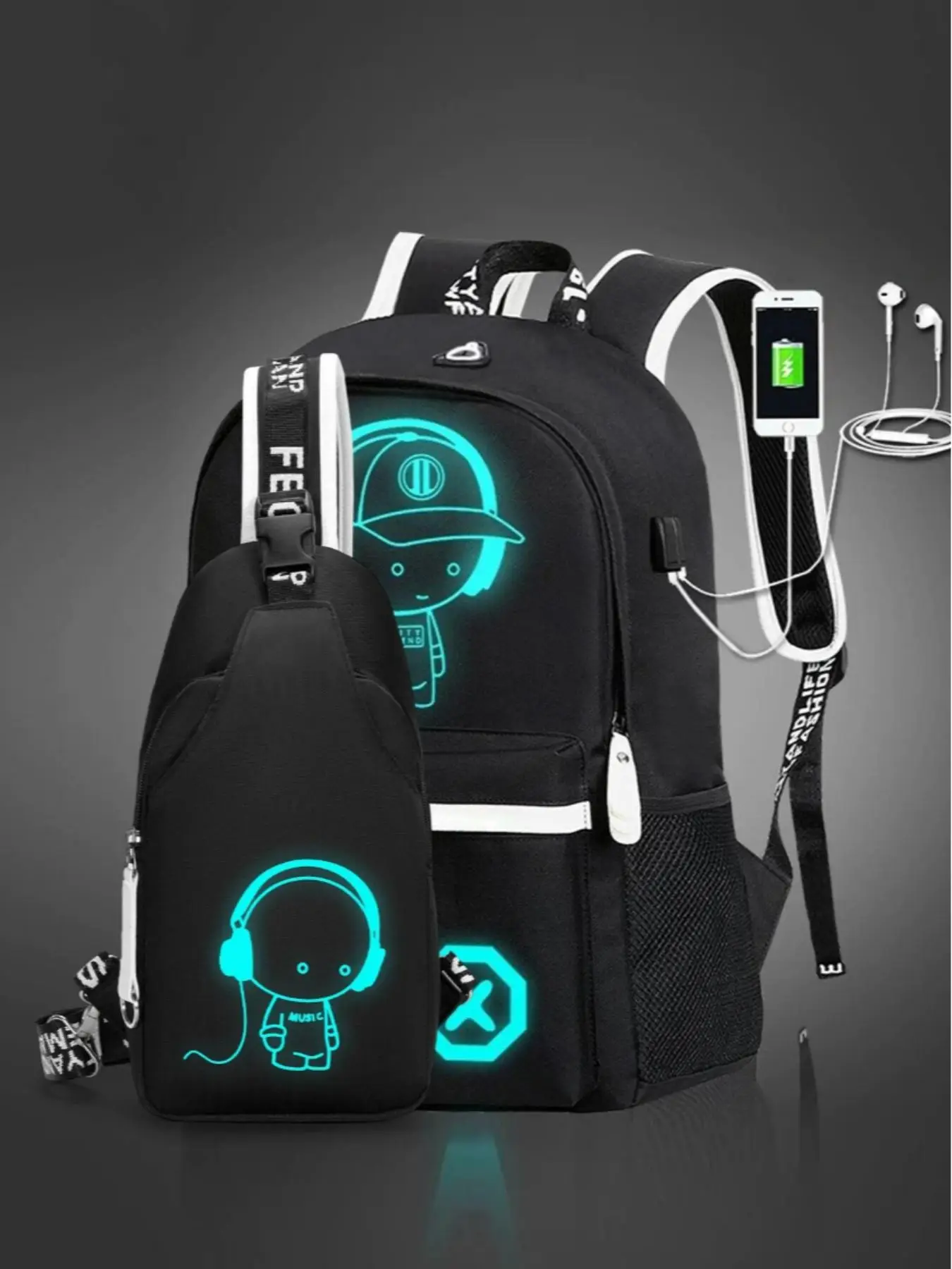 Fashion Cartoon Luminous Backpack & Belt Bag Set, Large Capacity Backpack with USB Charging Port, Lightweight Trendy School Bag for Girls & Boys