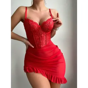 Women's 2-Piece Red Lace Push-Up Bralette and Thong Set, Spaghetti Straps, Adjustable Straps, Ruffle Hem, Mesh Fabric, Elegant Nightwear for Teen Party