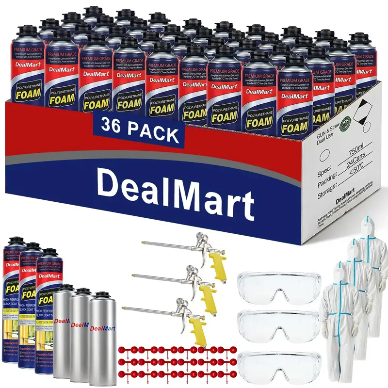 Self-Expanding Closed Cell Polyurethane Spray Foam Set - Heat Insulation Kit with Gloves, Foam Cleaner, Coverage for Brick, Concrete, Floors, Wood, Walls, Granite, Indoor/Outdoor Use 36-Pack