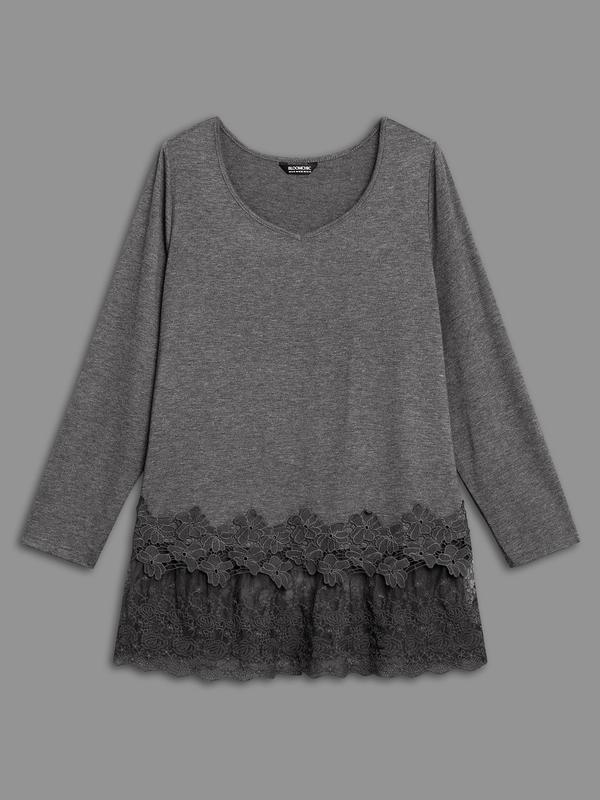 BLOOMCHIC V Neck Lace Panel Jersey Top - Loose Fit Extra Long Sleeve Blouse in DimGray DarkGreen Mauve for Womenswear Garment Fabric