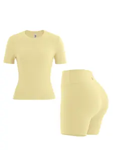 Two-piece Set Women's Solid Round Neck Tee & High Waist Biker Shorts Tracksuit Set, Crew Neck Short Sleeve T-shirt & Skinny Shorts, Gym Clothes, Tracksuits for Ladies, Fall Clothes, Casual Sportswear for Indoor Outdoor Wear, Gym Wear, Workout Clothes